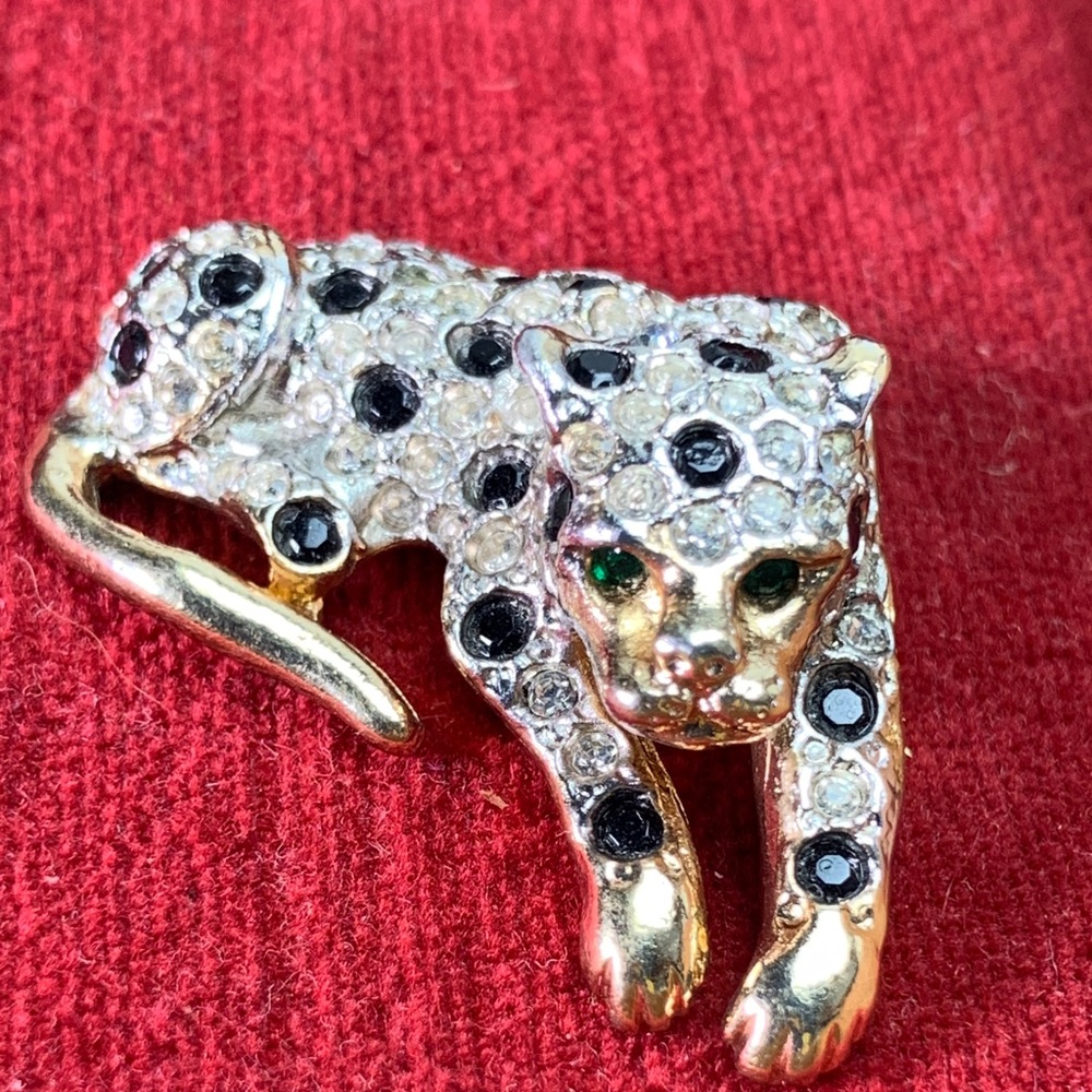 Gold-Tone Pave Leopard Brooch with Black Spots and Green Eyes